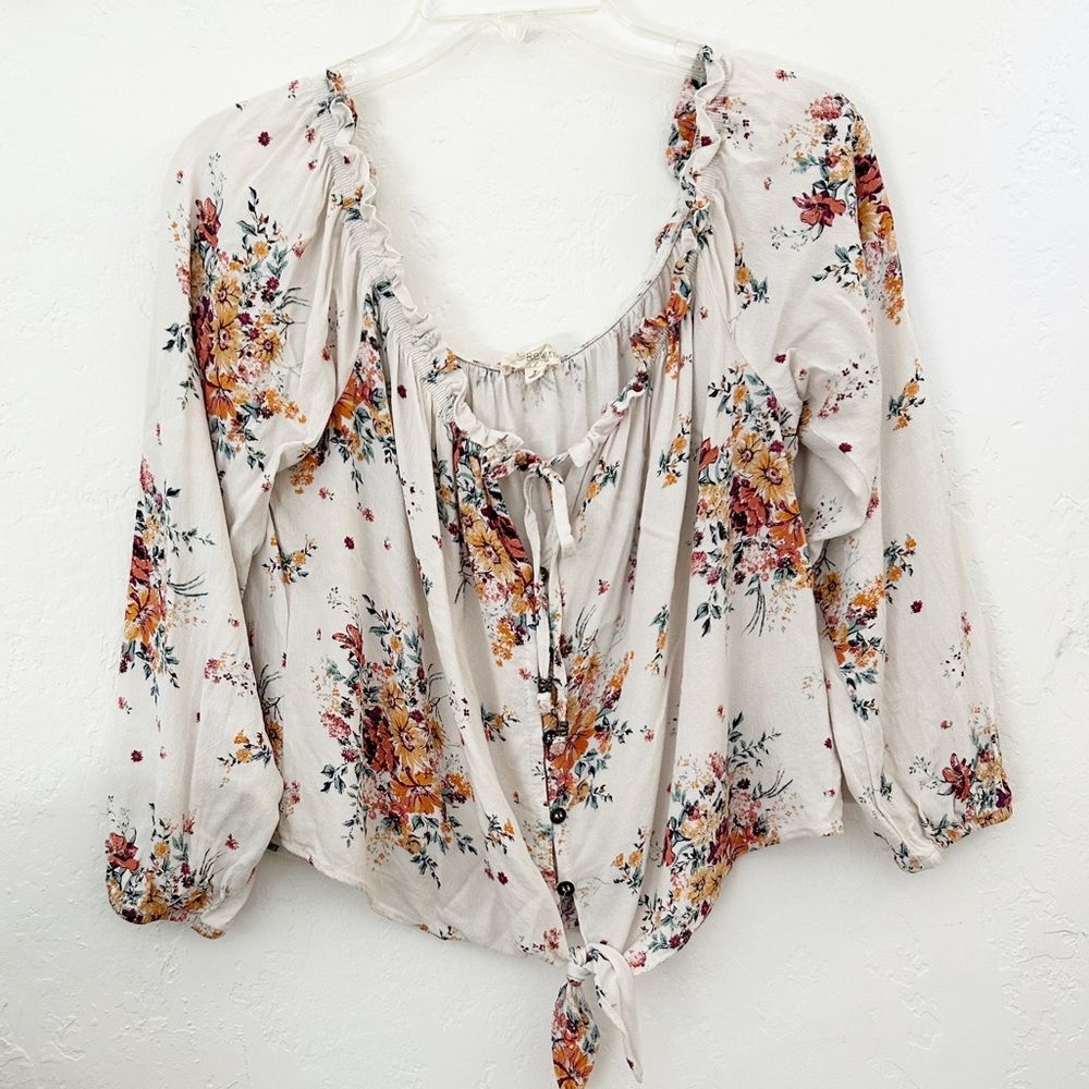 Rewind Floral Cropped Tie-Front Long Sleeve Top Size L